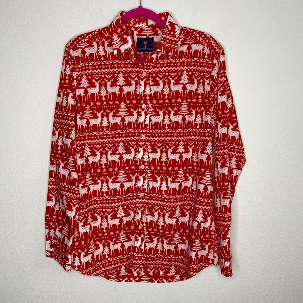 Simon Banks Red White Christmas Print Men’s Button Down Shirt Size M